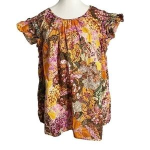Terra & SkyFloral lightweight ruffle sleeve cotton top